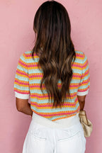 Abstract Striped Knit Short Sleeve Sweater