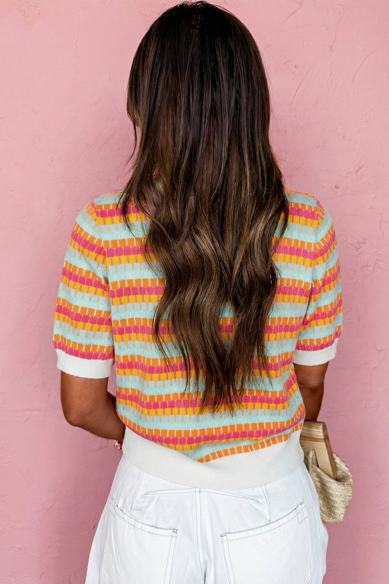 Abstract Striped Knit Short Sleeve Sweater