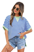 Striped Contrast Trim Loose Short Sleeve Top