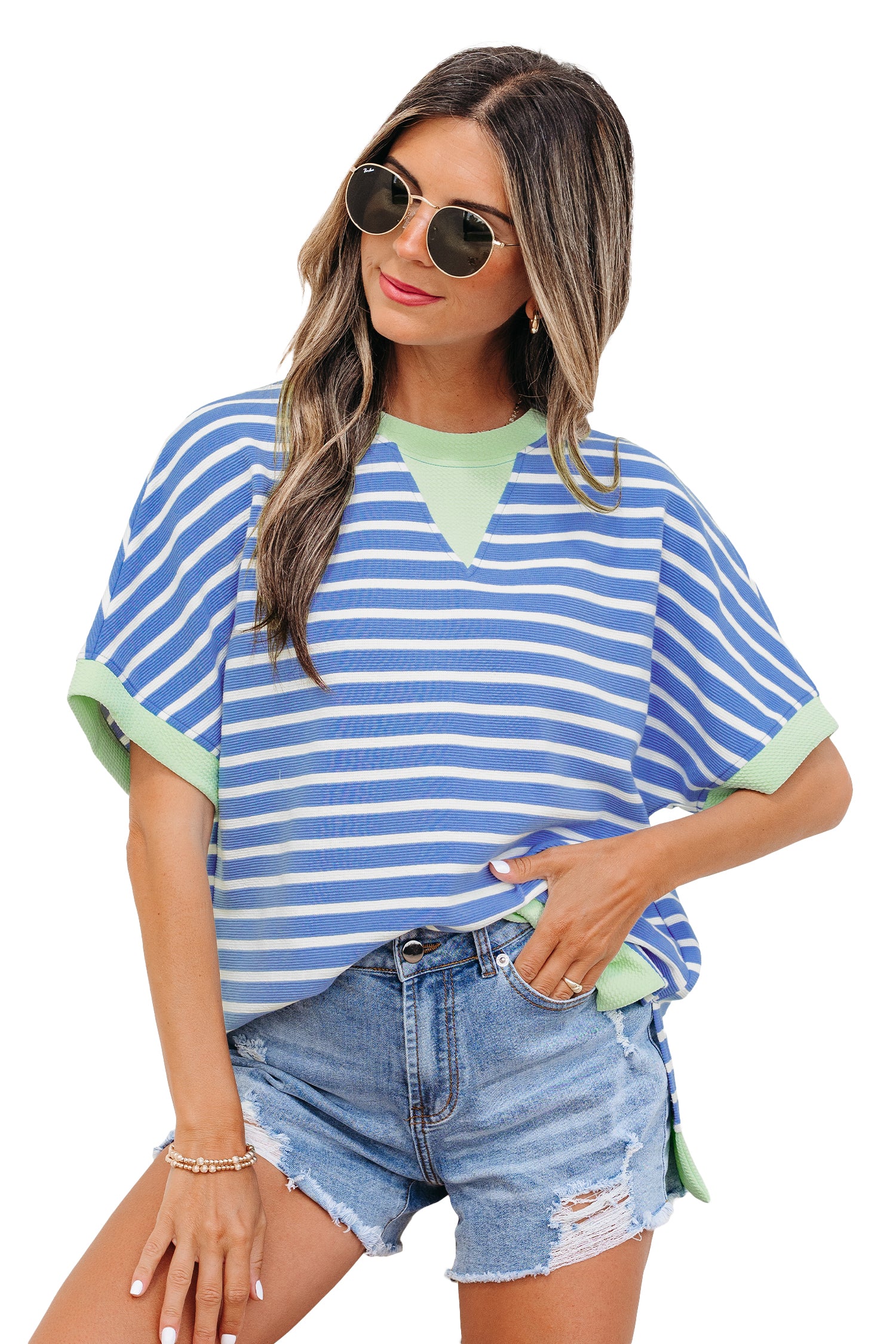 Striped Contrast Trim Loose Short Sleeve Top