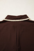 Coffee Shirt Collar Contrast Trim Button V Neck Short Sleeve Blouse