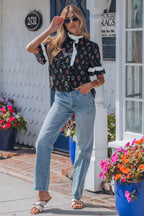 Black Contrast Frilled Trim Short Sleeve Floral Shirt