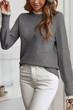Lace Trim Patchwork Buttoned Cuffs Loose Sweater
