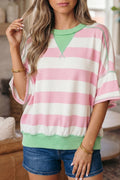 Striped Exposed Seam Ribbed Patchwork Oversized Tee