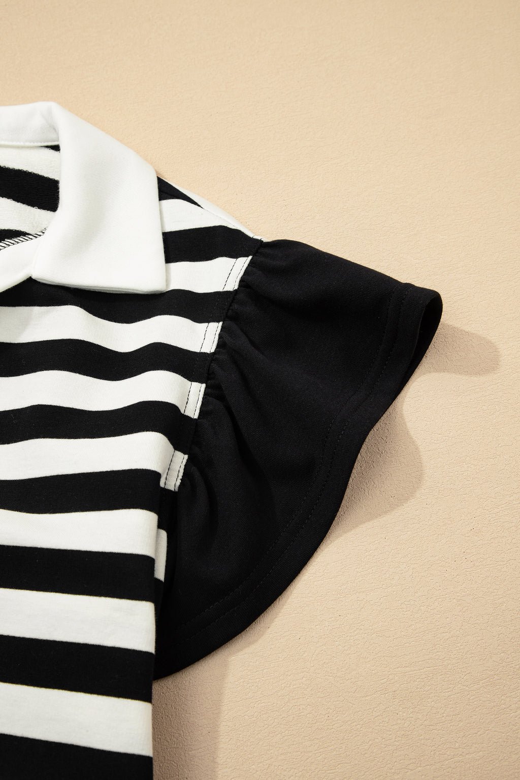 Striped Collar V Neck Ruffled Short Sleeve Blouse