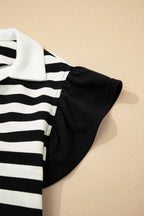 Striped Collar V Neck Ruffled Short Sleeve Blouse