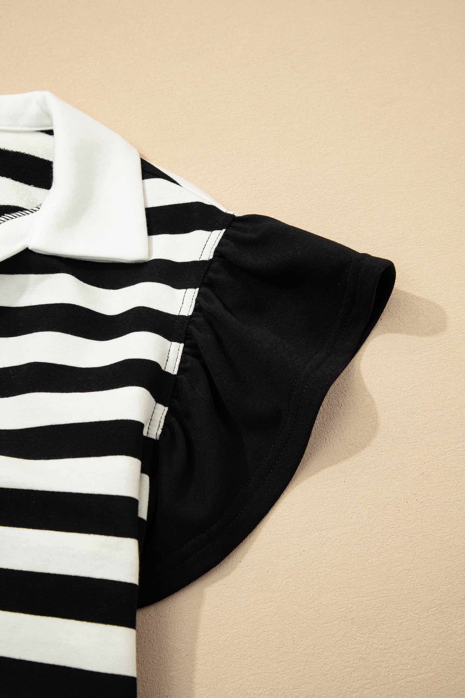 Striped Collar V Neck Ruffled Short Sleeve Blouse