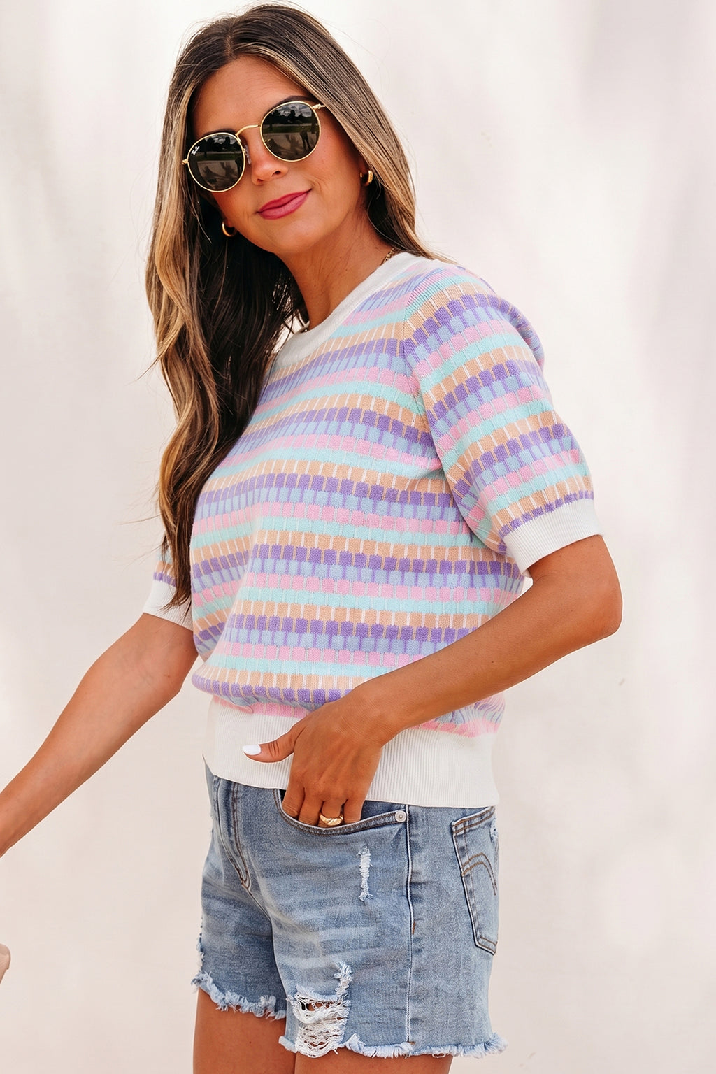 Abstract Striped Knit Short Sleeve Sweater