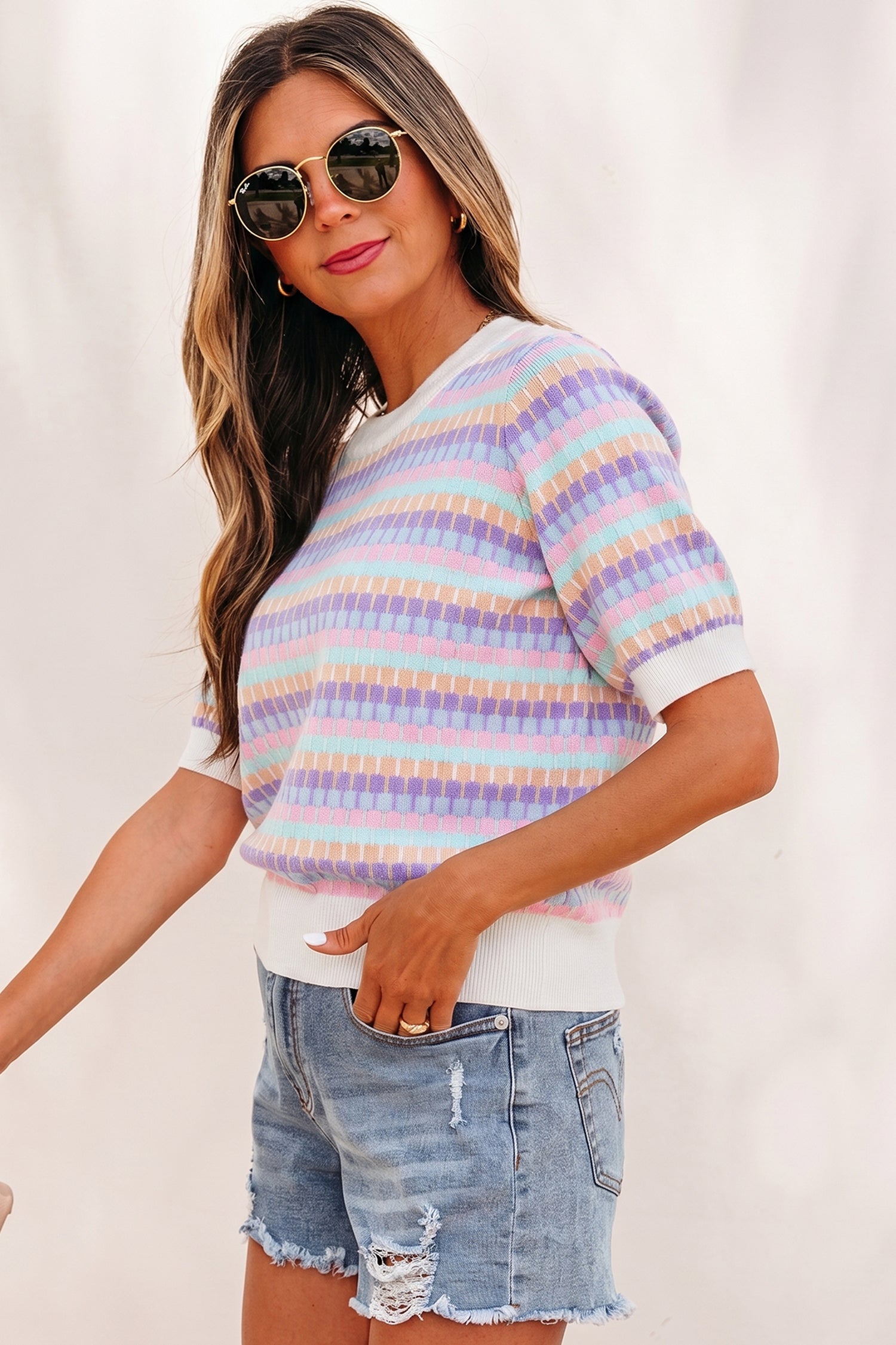 Abstract Striped Knit Short Sleeve Sweater