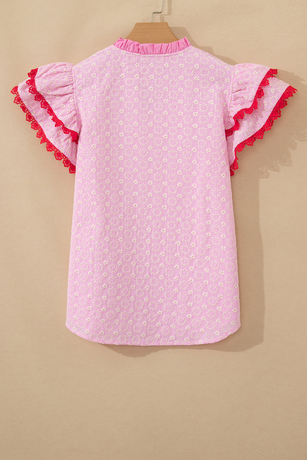 Eyelet Embroidered Flower Texture Contrast Lace Trim Flutter Sleeve Blouse