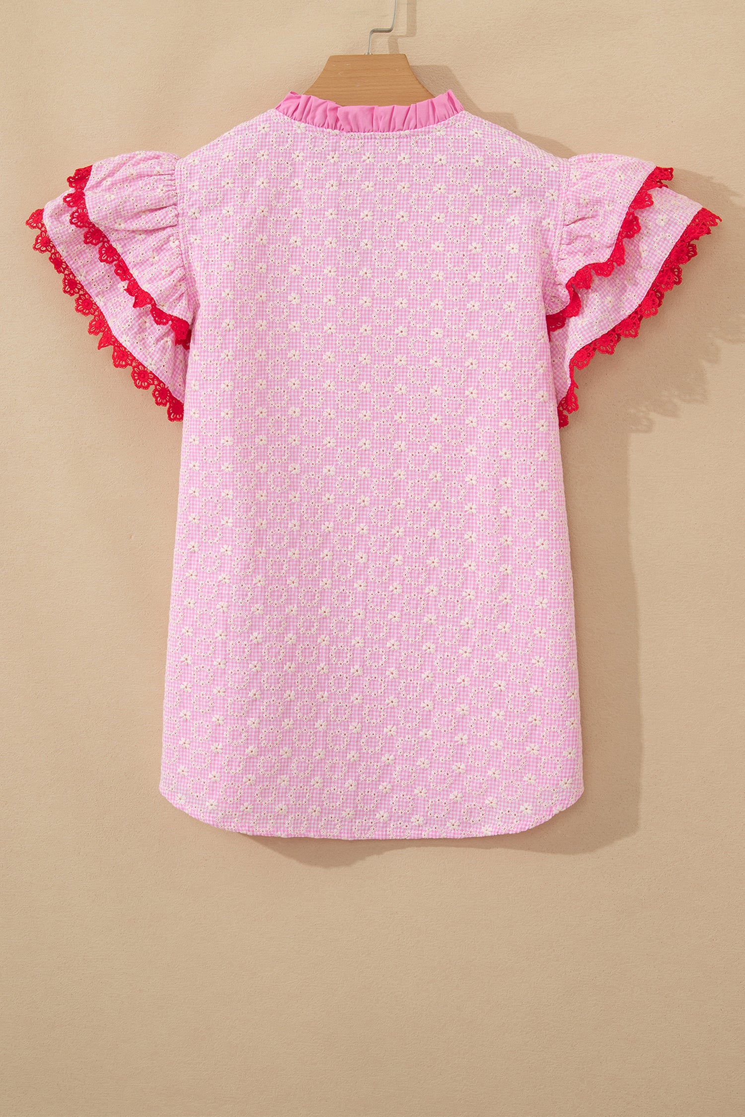 Eyelet Embroidered Flower Texture Contrast Lace Trim Flutter Sleeve Blouse