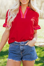 Fiery Red Striped Frilled Collar Ruffled Short Sleeve Blouse