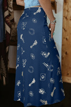 Navy Blue Western Print Satin Long Skirt