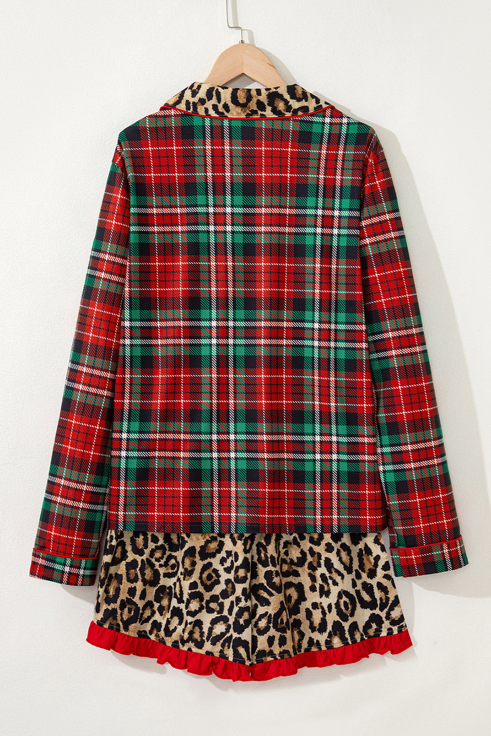 Racing Red Retro Plaid Leopard Print Patchwork Long Sleeve Shorts Pyjama Set