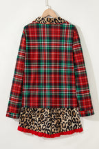 Racing Red Retro Plaid Leopard Print Patchwork Long Sleeve Shorts Pyjama Set