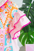 Rose Boho Mixed Print Contrast Trim Striped Patchwork Tiered Short Sleeve Blouse