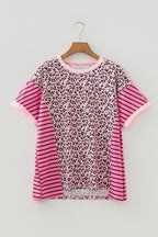 Pink Leopard Striped Contrast Patchwork Plus Size Tee