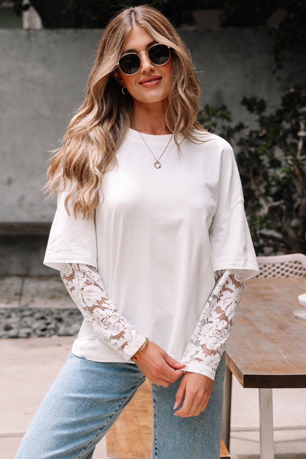 Lace Long Sleeve Insert Drop Shoulder Tee
