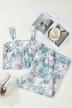 Green Tropical Palm Printed Cropped Tank Drawstring Wide Leg Pant Set