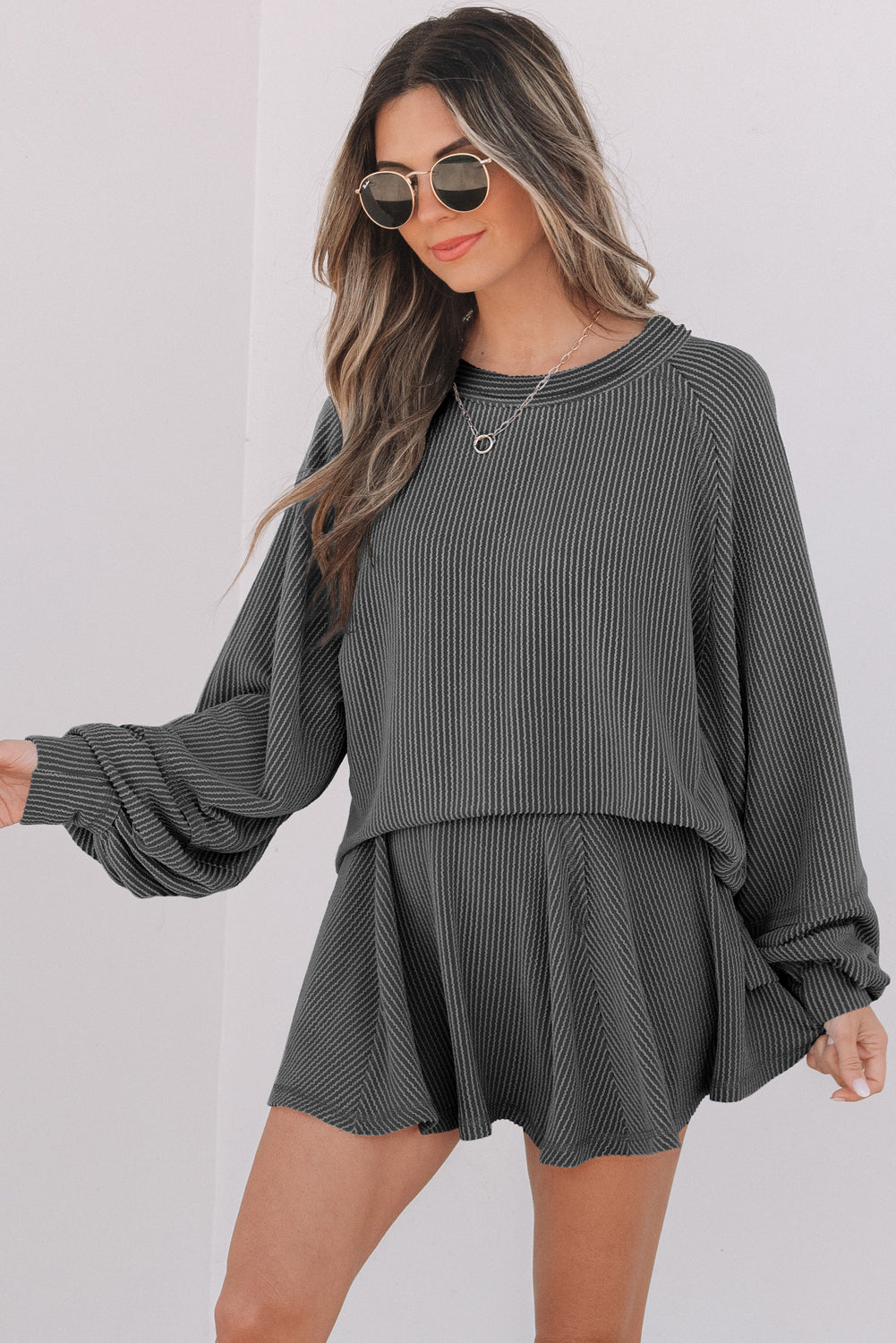 Corded Lantern Sleeve Top High Waist Ruffled Mini Skort Set