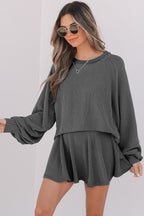 Corded Lantern Sleeve Top High Waist Ruffled Mini Skort Set
