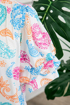 Multicolour Vibrant Paisley Printed Button Keyhole Puff Sleeve Blouse