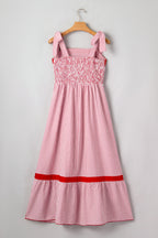 Red Stripe Bow Knot Straps Contrast Trim High Waist Ruffle Hem Maxi Dress