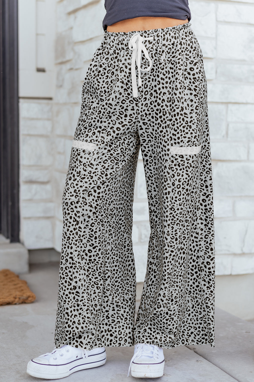 Grey Animal Print Wide Leg Terry Knit Pants