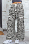 Grey Animal Print Wide Leg Terry Knit Pants