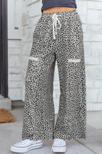 Grey Animal Print Wide Leg Terry Knit Pants