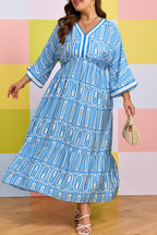 Sky Blue Plus Size Geometric Print Contrast Trim V Neck Bracelet Sleeve Long Dress
