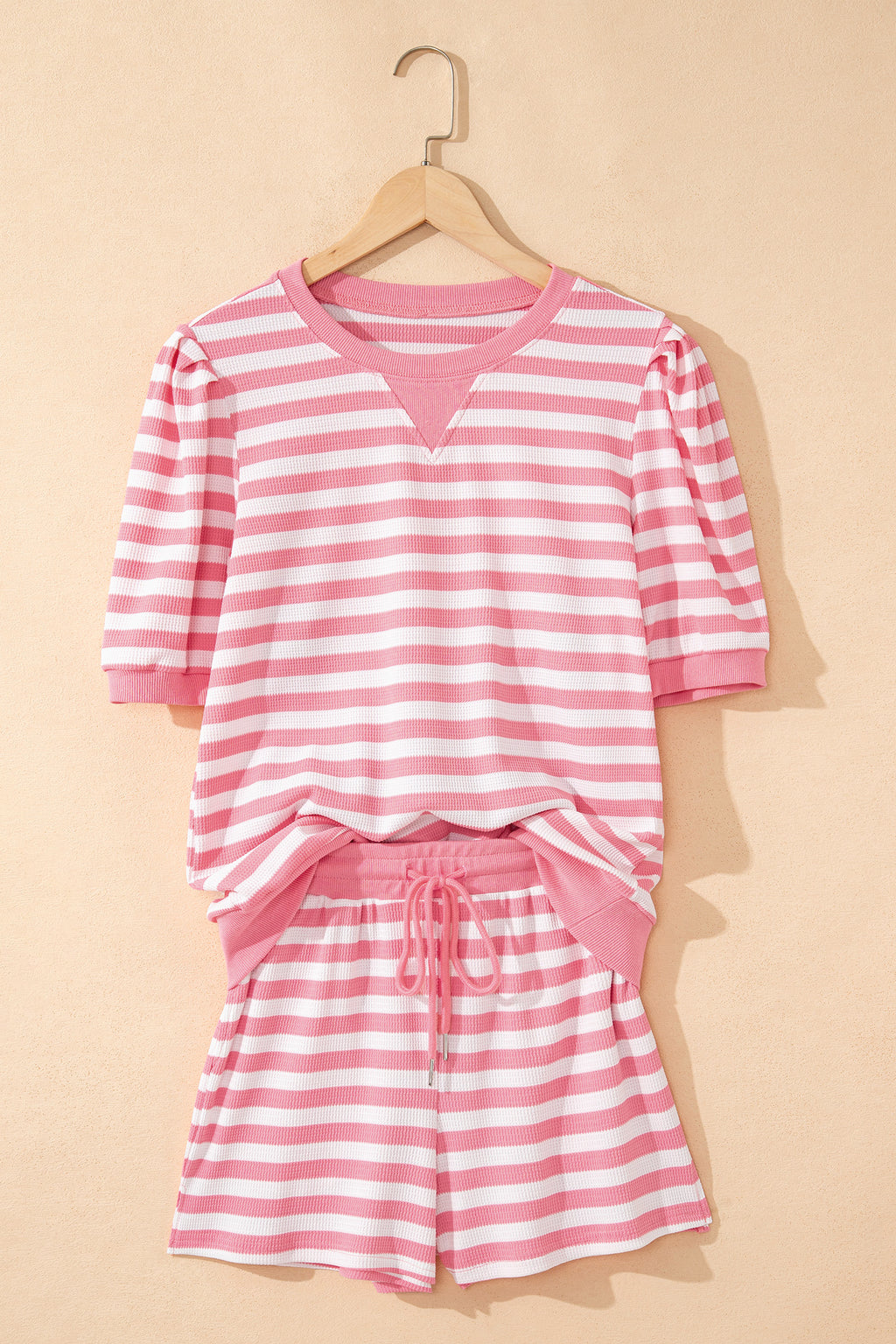 Striped Puff Short Sleeve T Shirt Matching Shorts Set