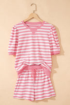 Striped Puff Short Sleeve T Shirt Matching Shorts Set