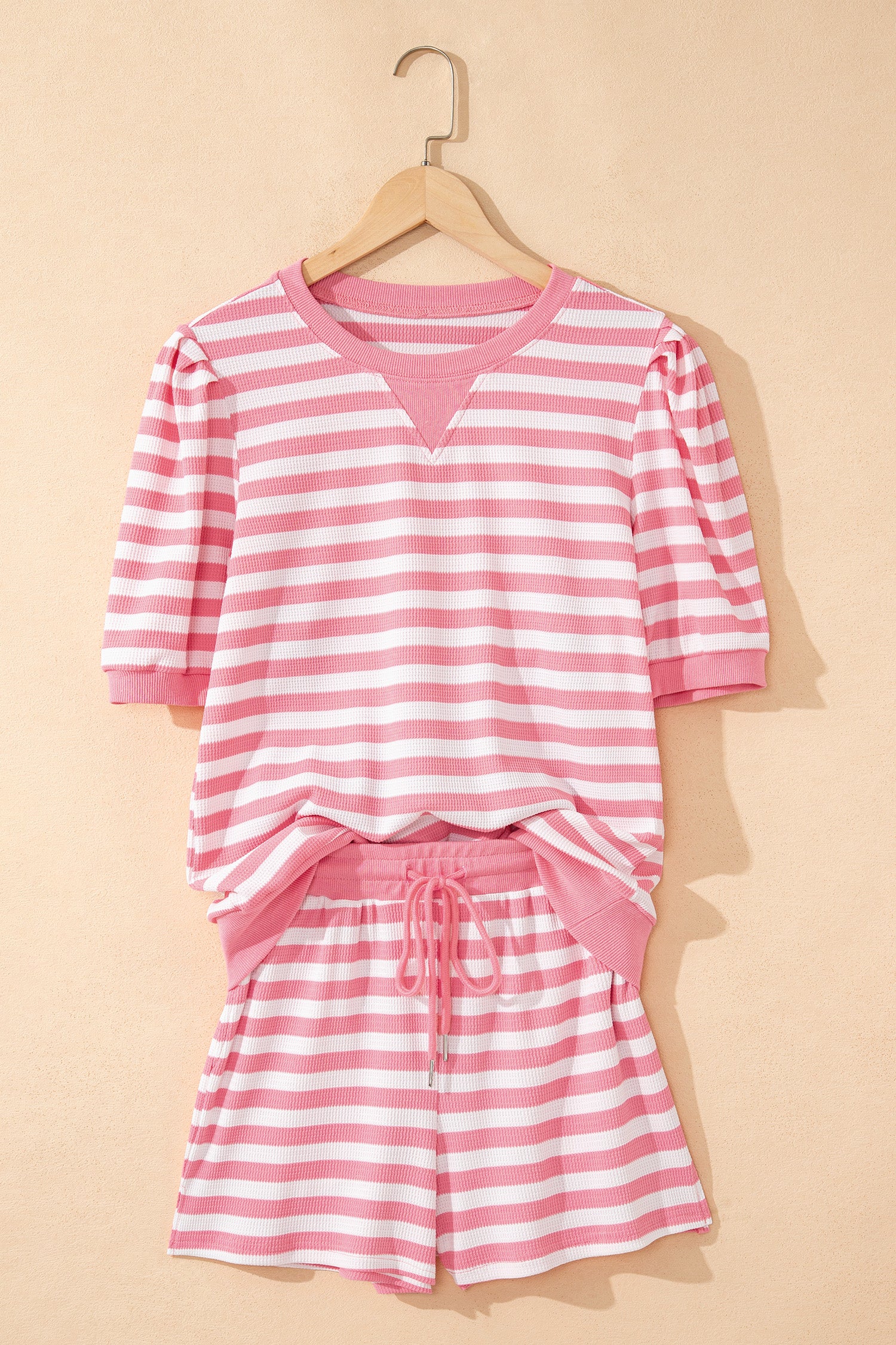 Striped Puff Short Sleeve T Shirt Matching Shorts Set