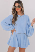 Corded Lantern Sleeve Top High Waist Ruffled Mini Skort Set