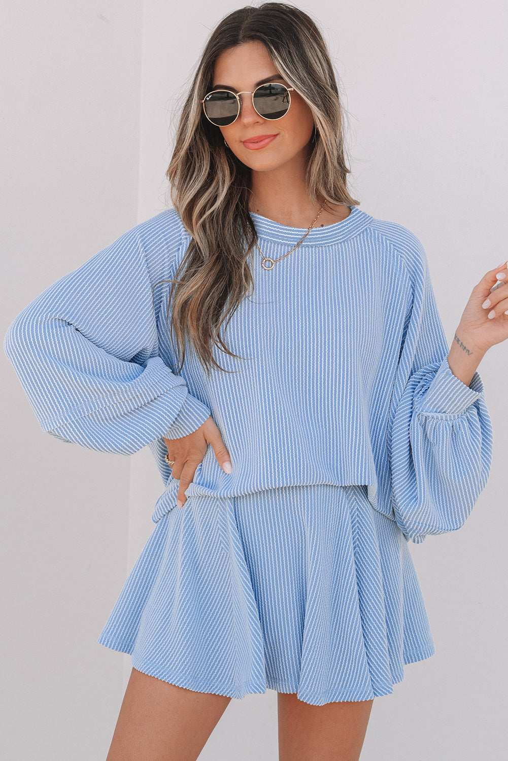 Corded Lantern Sleeve Top High Waist Ruffled Mini Skort Set