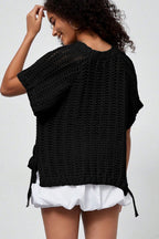 Plus Size Open Knit Bow Tie Short Sleeve Sweater