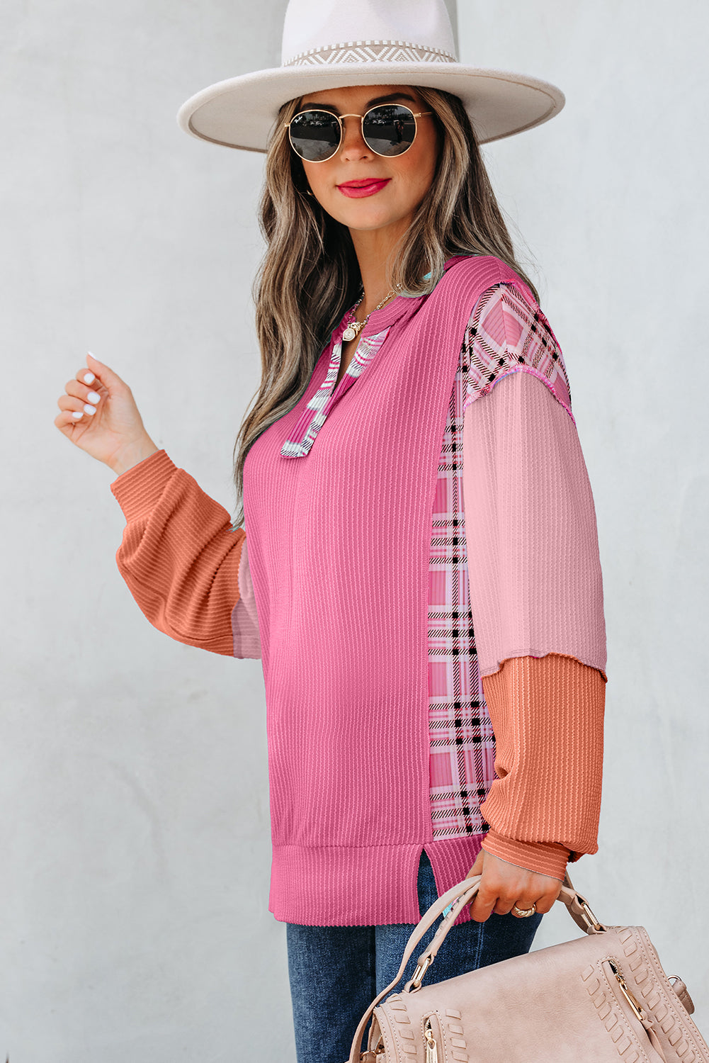 Corded Texture Plaid Colorblock Patchwork Split Neck Long Sleeve Top