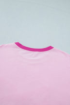 Gossamer Pink Embroidered Bow Detail Color Block Loose Tee
