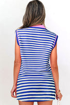 Textured Stripe Print Contrast Trim Zip Collar Sleeveless 2pcs Skort Set