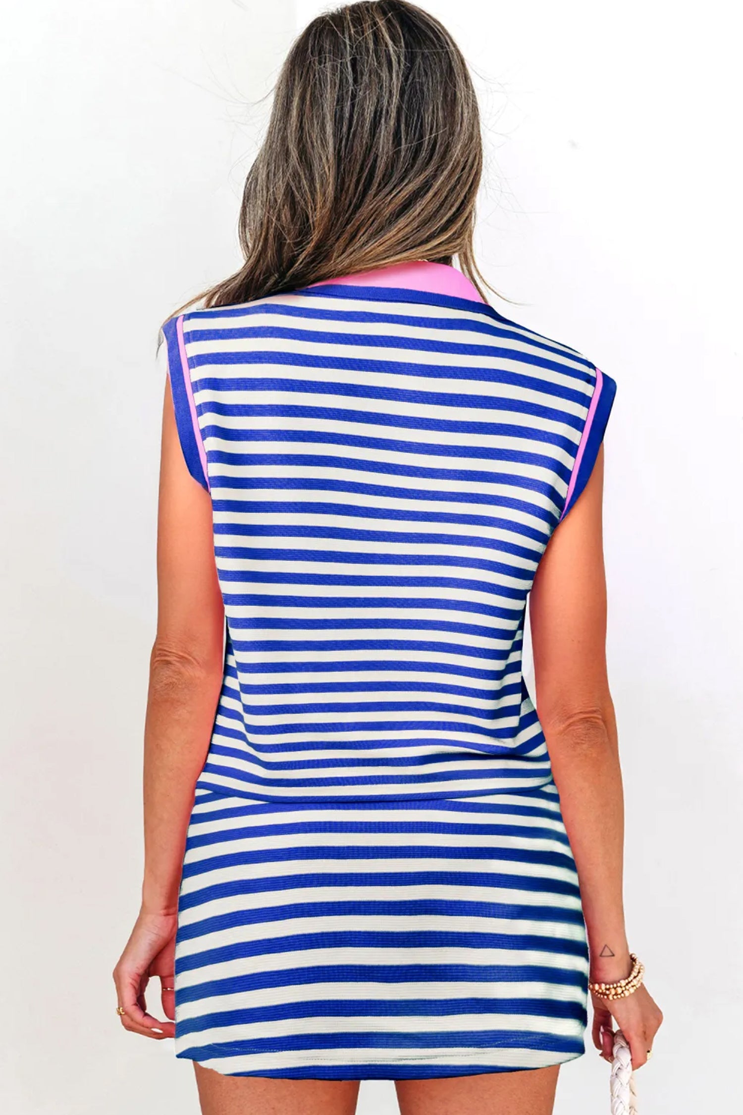 Textured Stripe Print Contrast Trim Zip Collar Sleeveless 2pcs Skort Set