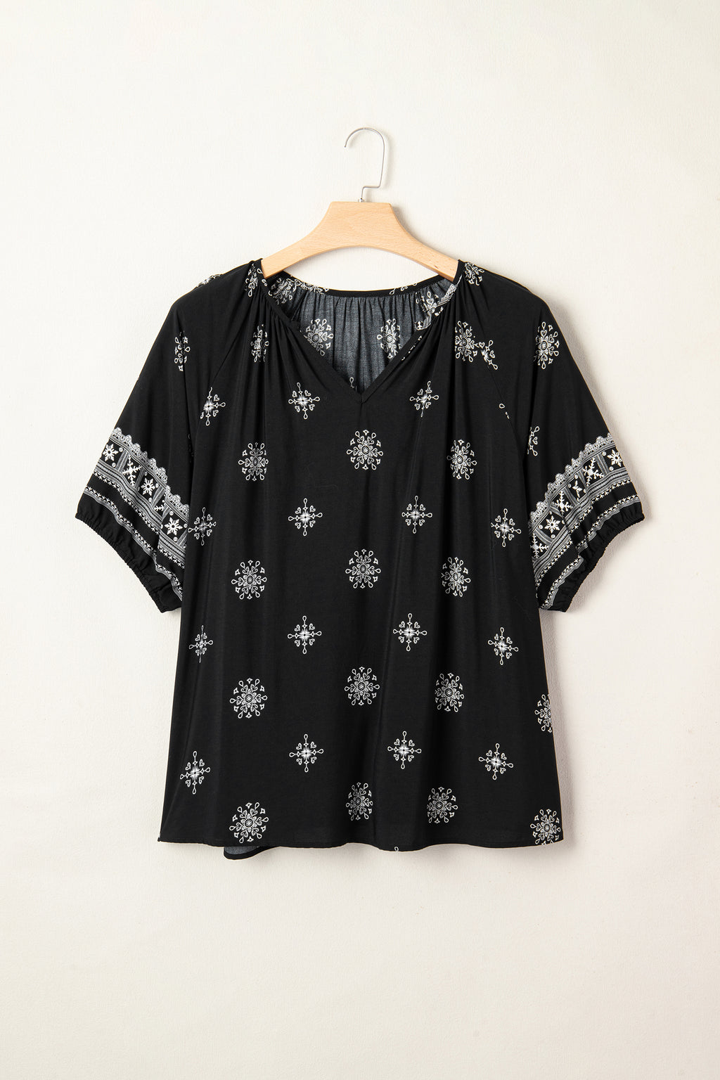 Boho Chic Notched V Neck Plus Floral Short Sleeve Top
