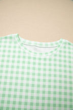 Green Gingham Long Sleeve Loose Top Drawstring Shorts 2pcs Lounge Set