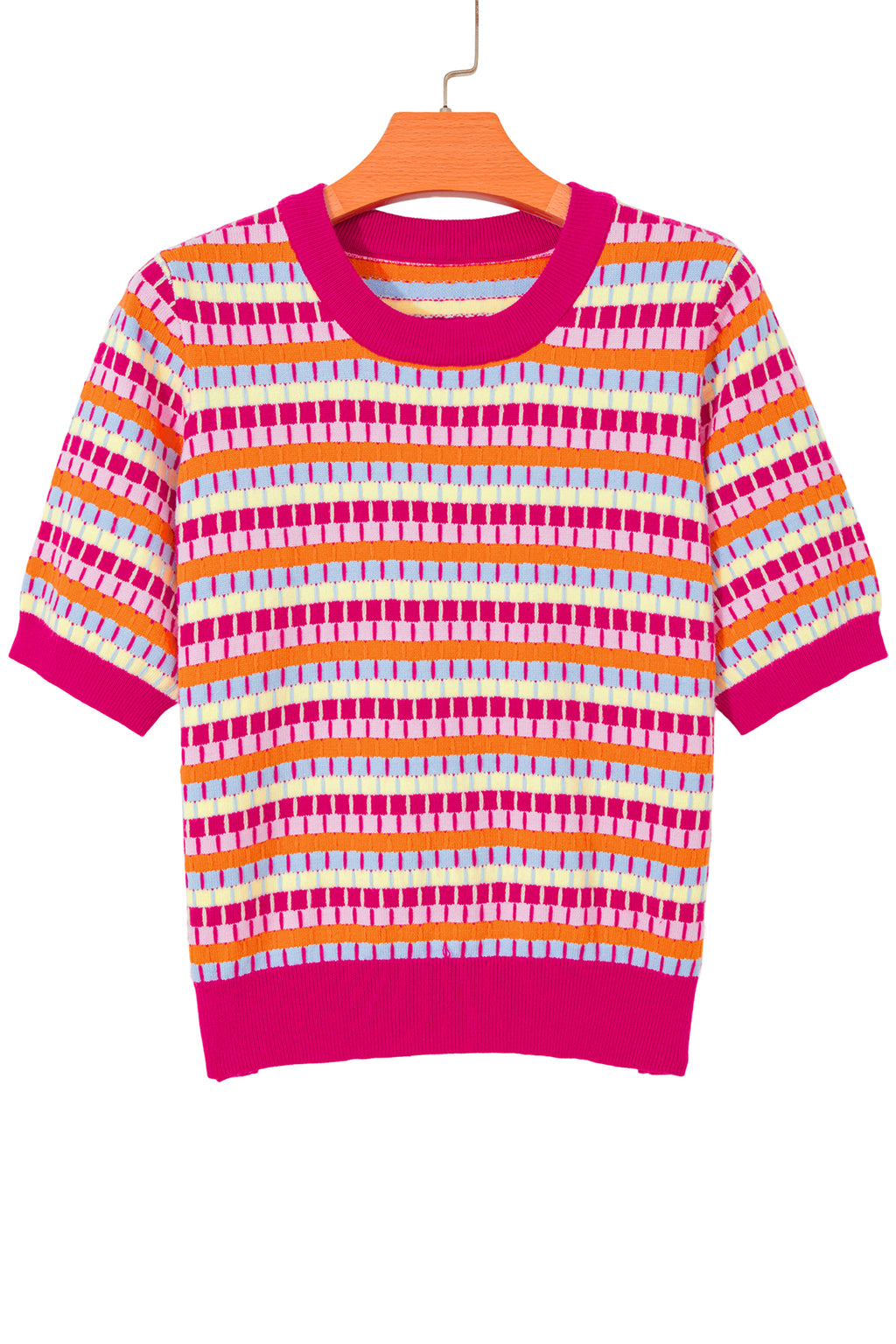 Abstract Striped Knit Short Sleeve Sweater