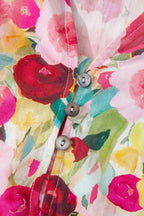 Pink Floral Frilled V Neck Puff Short Sleeve Blouse