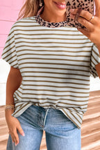 Khaki Stripe Leopard Patchwork Round Neck Loose T Shirt