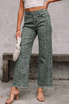 Grey Leopard Frayed Edge Wide Leg High Waist Jeans
