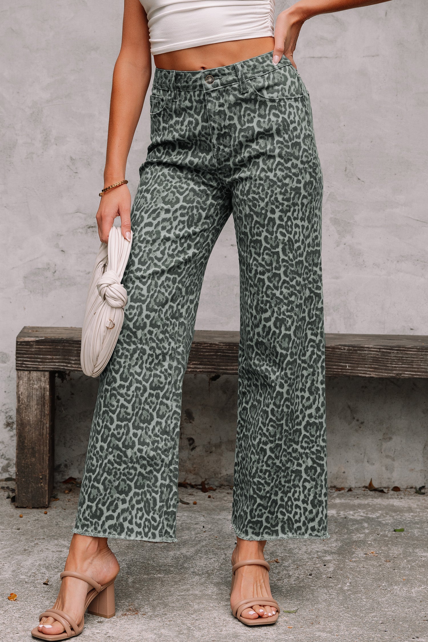 Grey Leopard Frayed Edge Wide Leg High Waist Jeans