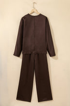 Dark Brown Braided V Neck Long Sleeve Loose Top and Drawstring High Waist Pants 2pcs Outfit