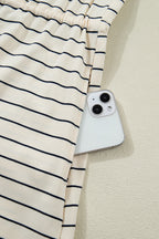 Beige Stripe Drawstring Tunic Tank Mini Dress with Pockets